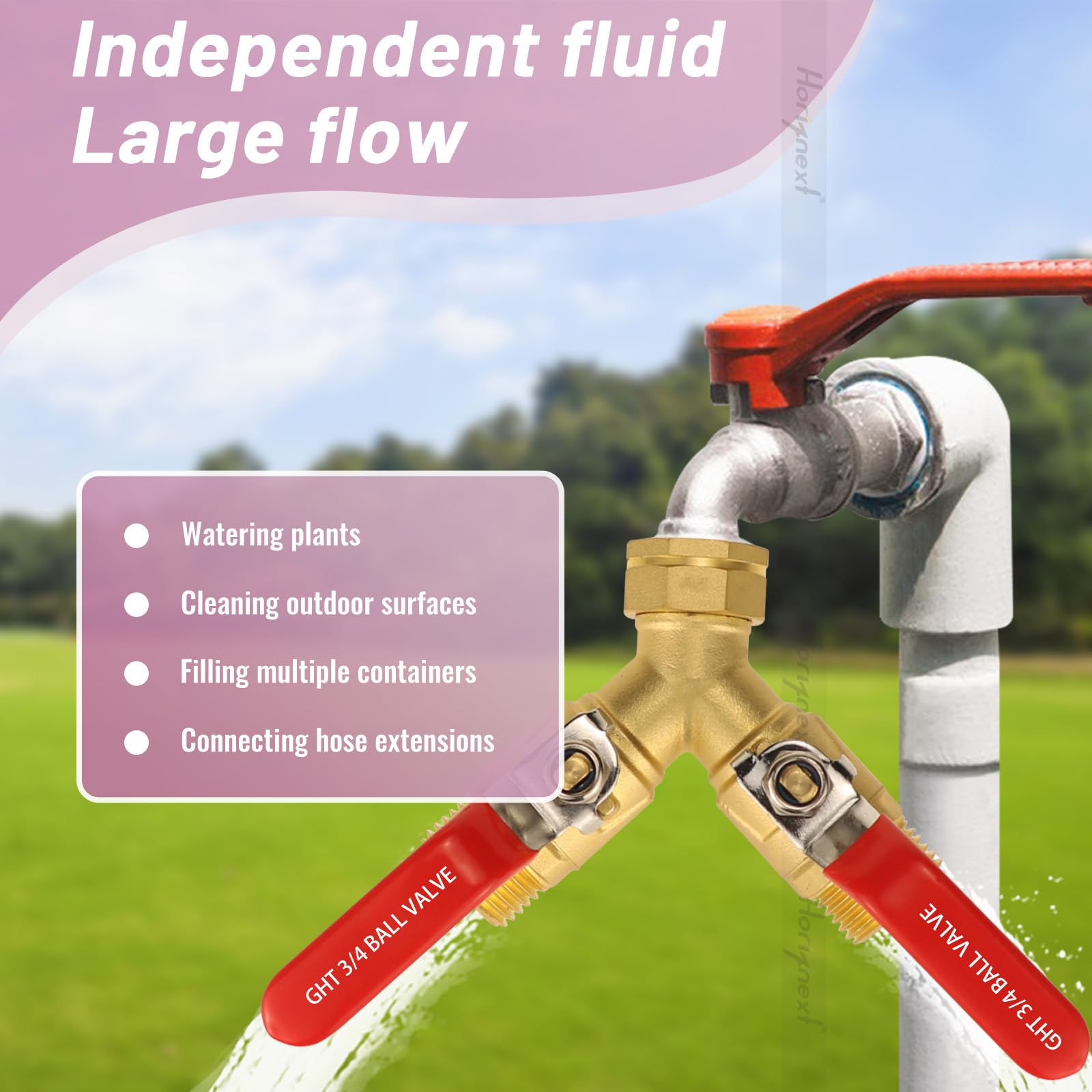 Horiznext outdoor water spigot splitter connected to faucet and hoses.