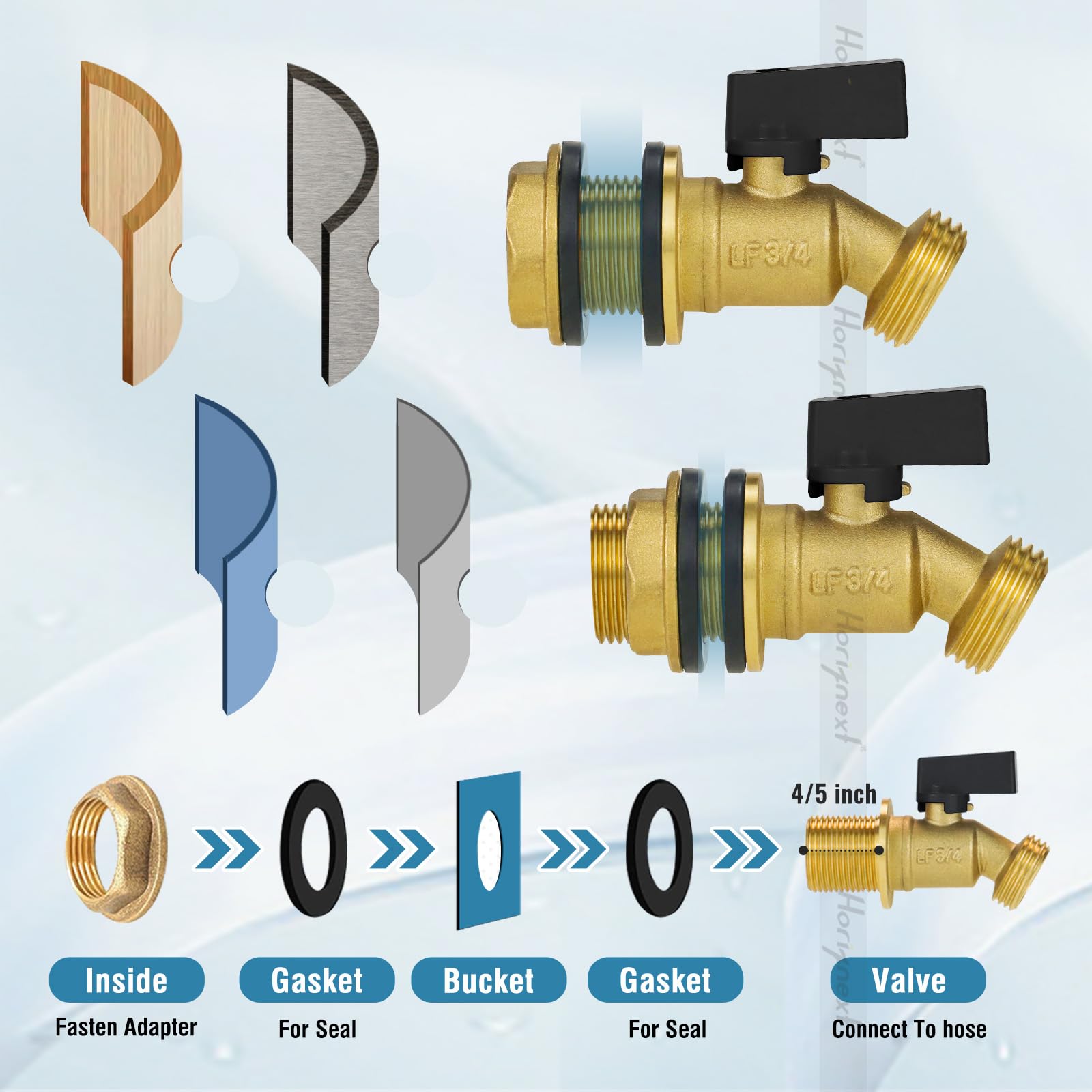 Horiznext rain barrel spigot kit installation on bucket demonstrates easy DIY setup.
