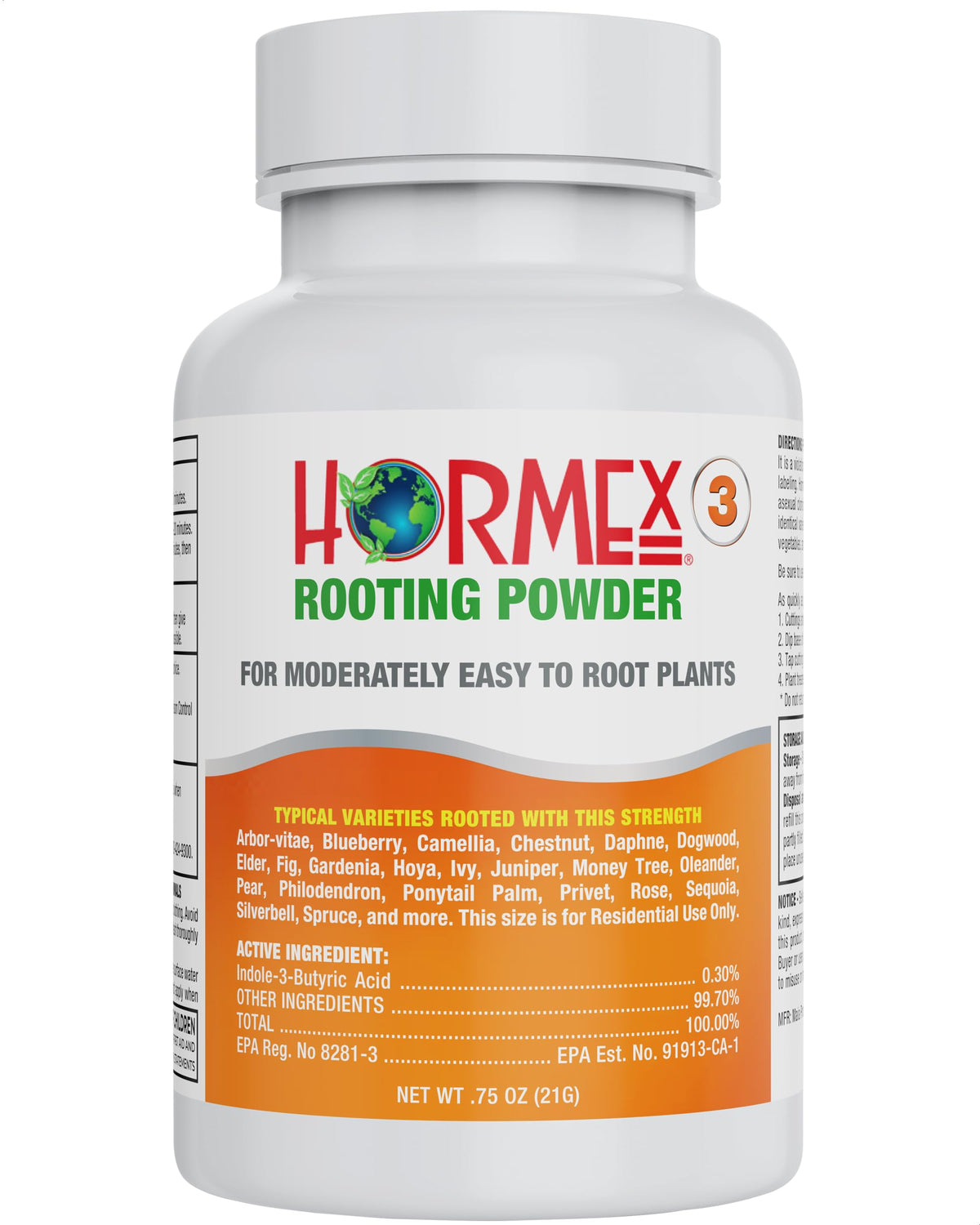 Hormex rooting powder bottle pouring promotes faster rooting for cuttings.