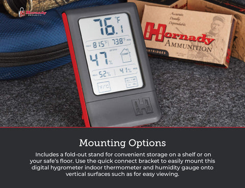 Hornady 95909 24-hour min and max readings help monitor moisture trends.