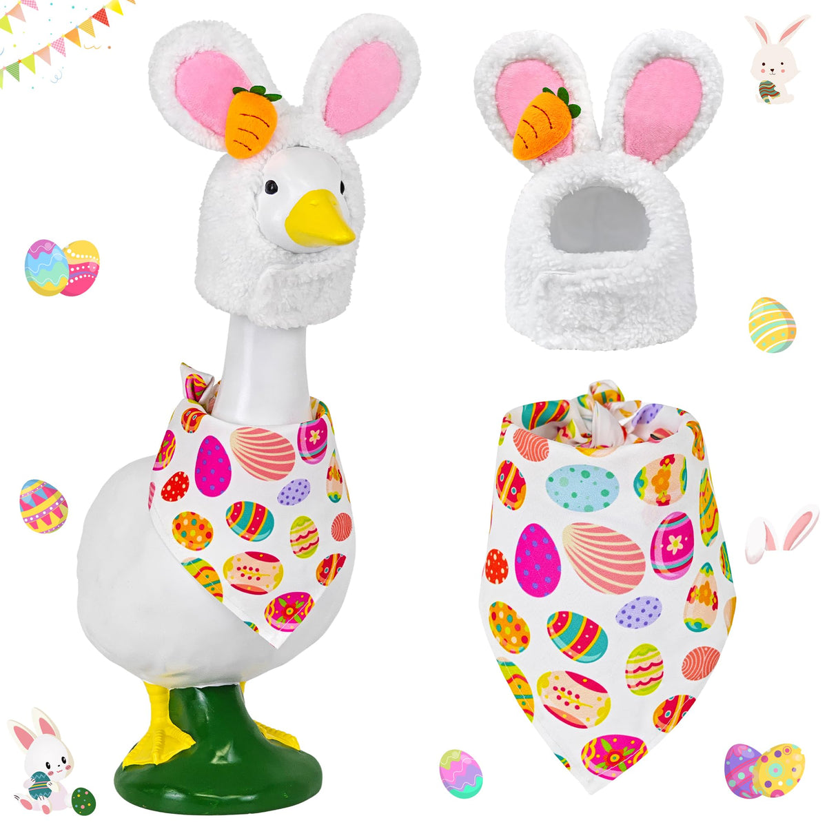 Horolam Easter Bunny Porch Goose Outfit with soft bunny ear hat on a goose statue