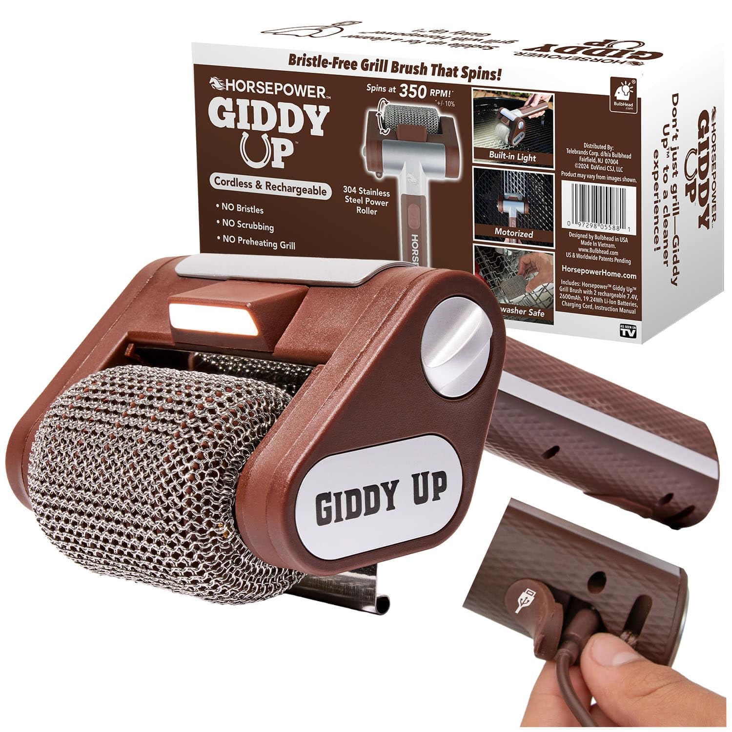 HorsePower Giddy Up cordless grill cleaner in action, removing burnt-on mess from a hot grill.