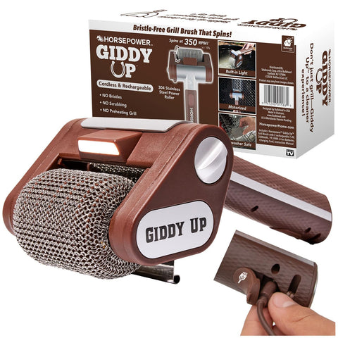 HorsePower Giddy Up cordless grill cleaner in action, removing burnt-on mess from a hot grill.