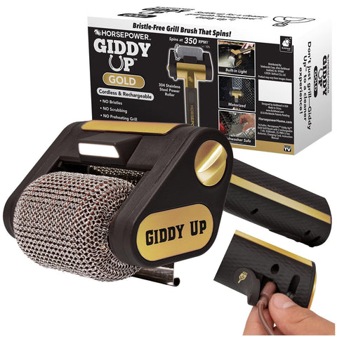 Horsepower Giddy Up GOLD grill brush overview shows a fast cleanup solution.