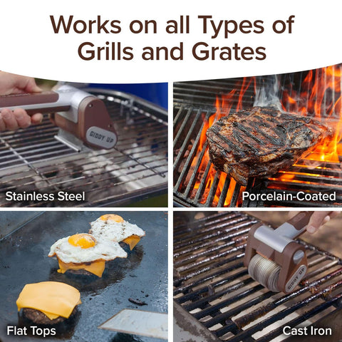 HorsePower Giddy Up action on grill showing quick grime removal.