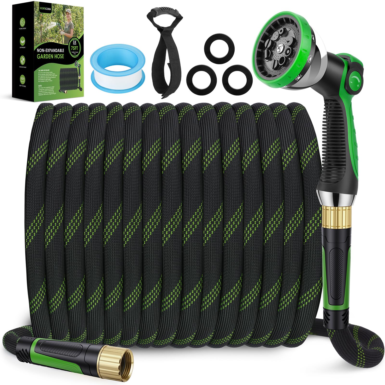HORTICORA 75 ft non-expanding garden hose extended for easy watering and stable flow.