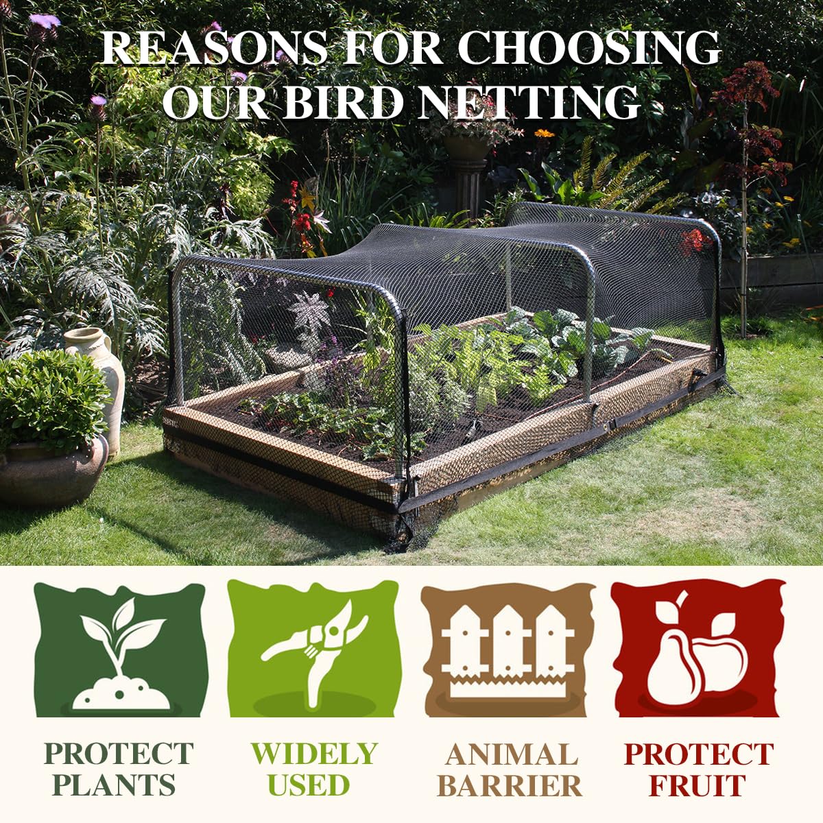 HORTIFAN Bird Netting on chicken coop protecting poultry and plants.