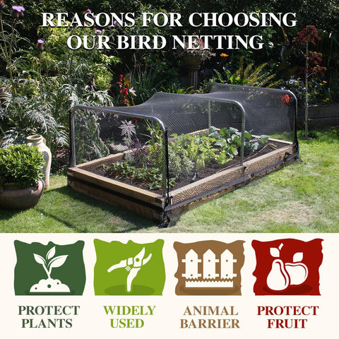 HORTIFAN Bird Netting on chicken coop protecting poultry and plants.