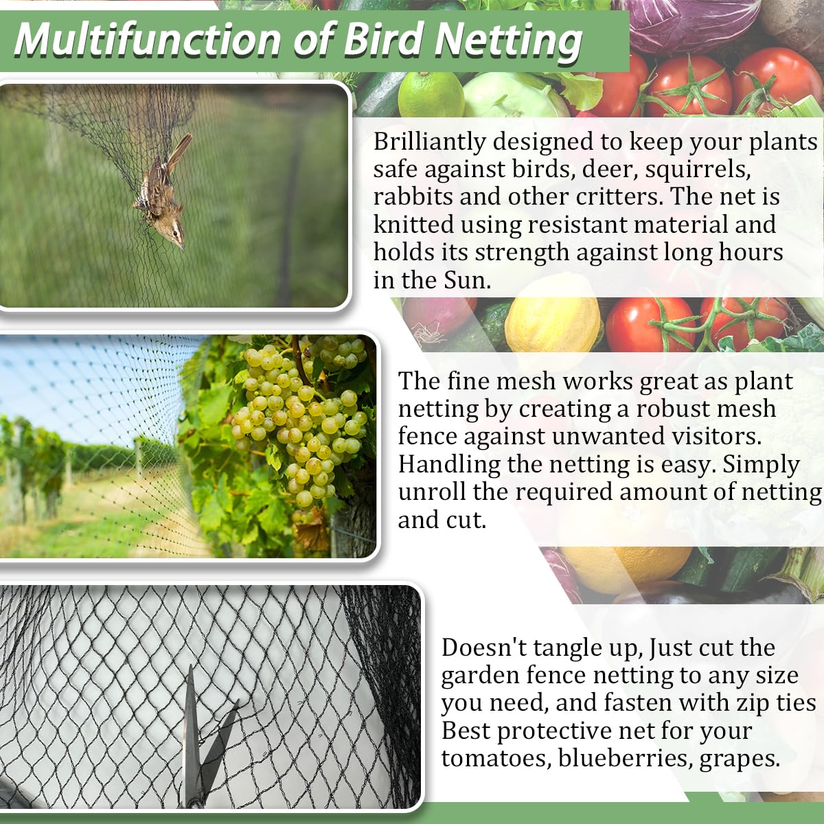 HORTIFAN Bird Netting features a durable polyethylene weave for longevity.