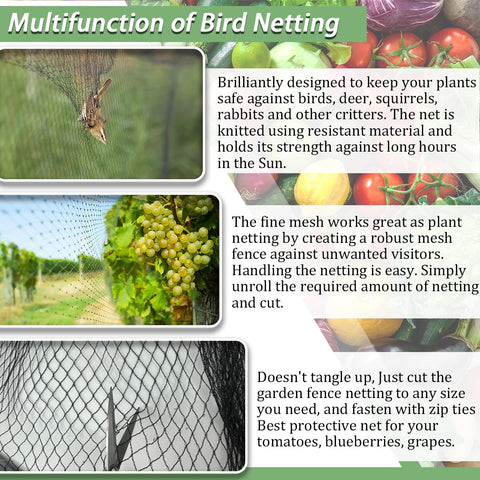 HORTIFAN Bird Netting features a durable polyethylene weave for longevity.