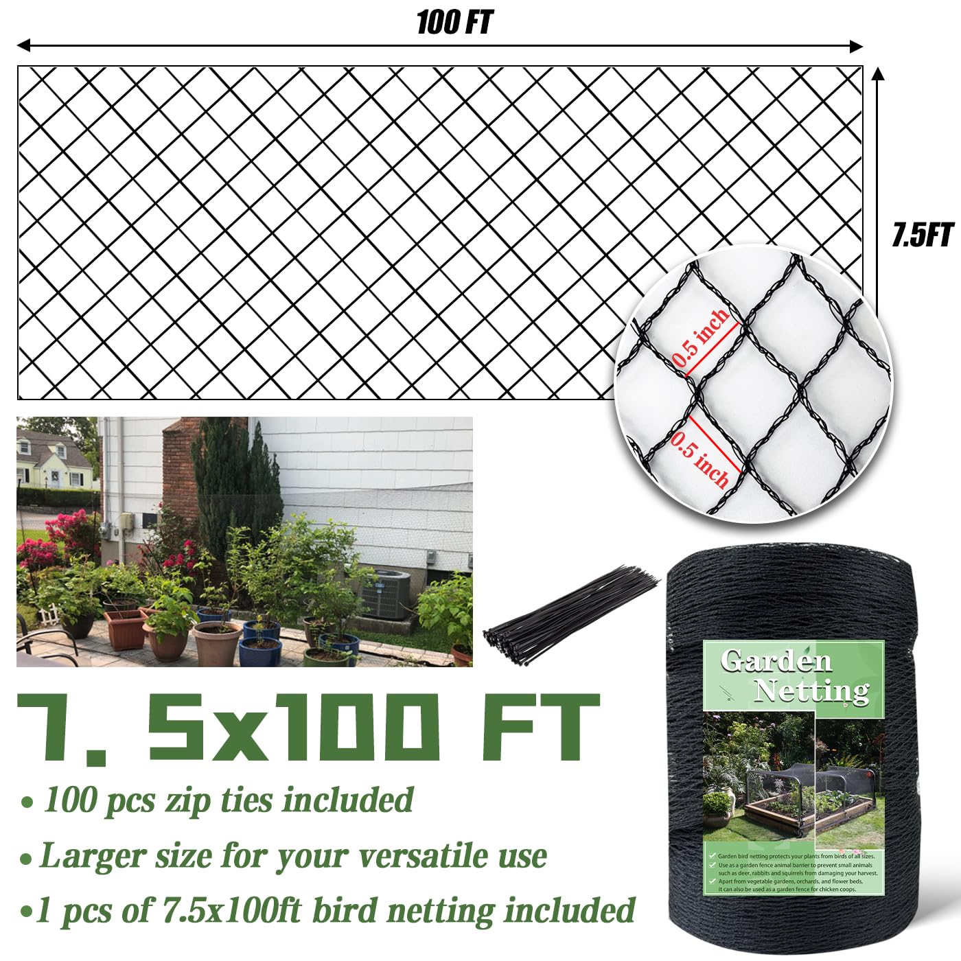 HORTIFAN Bird Netting withstands rain and hail for durable seasonal use.