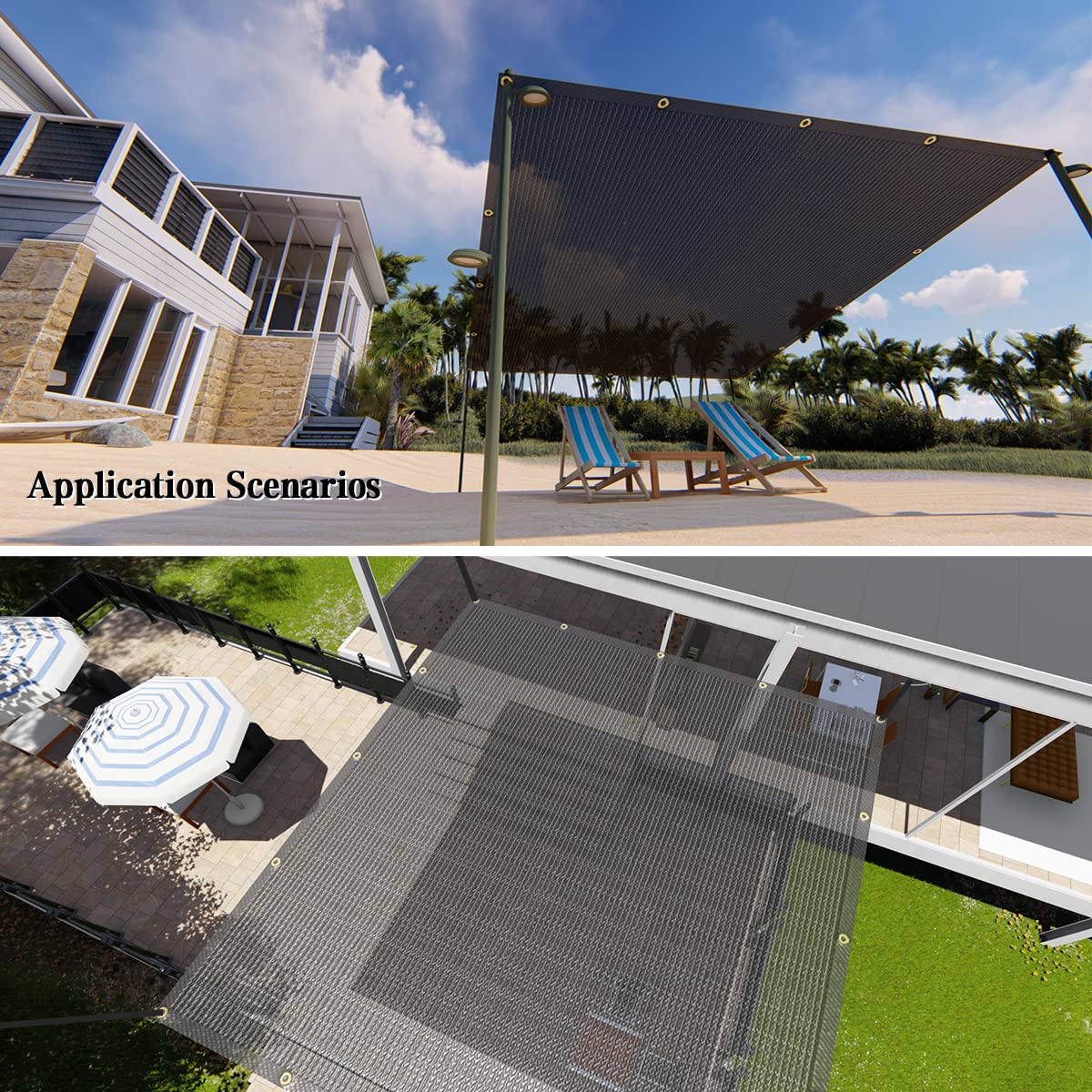 HORTIFAN outdoor shade net over patio creates comfortable space.