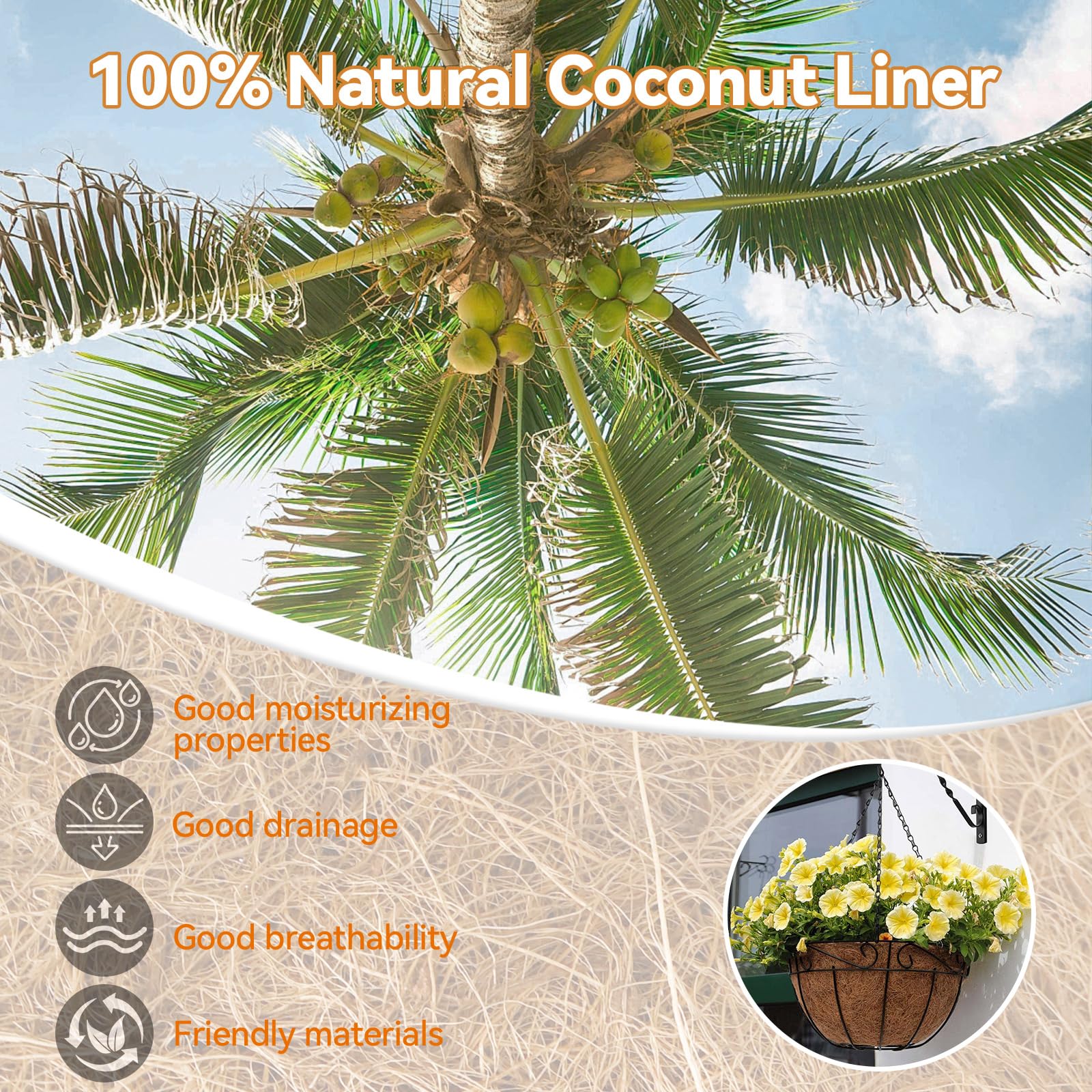 Hoscabss natural coir liner for hanging basket; breathable and soil-friendly
