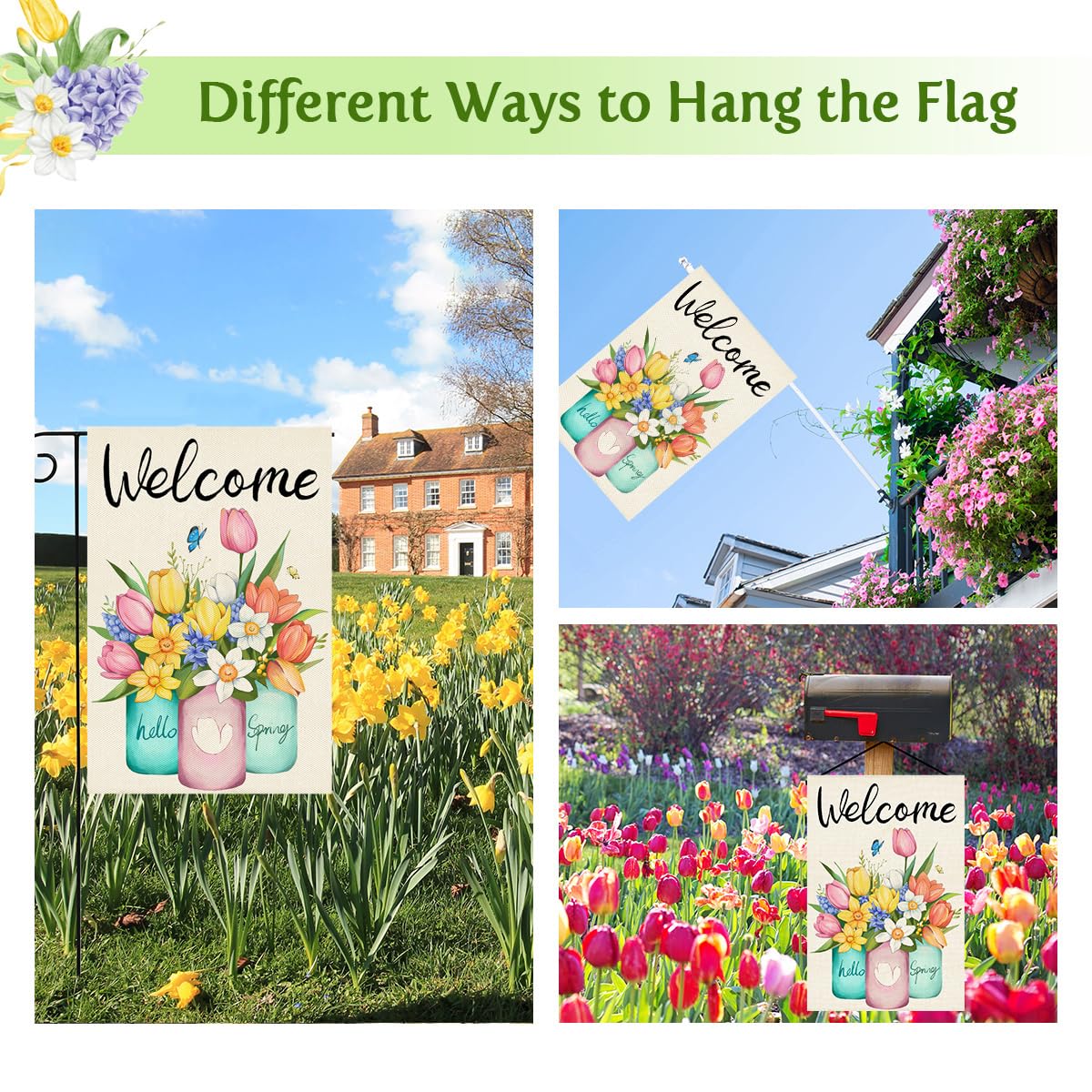 HOSCAPE Welcome Spring flag double-sided print shown for full visibility from both sides.