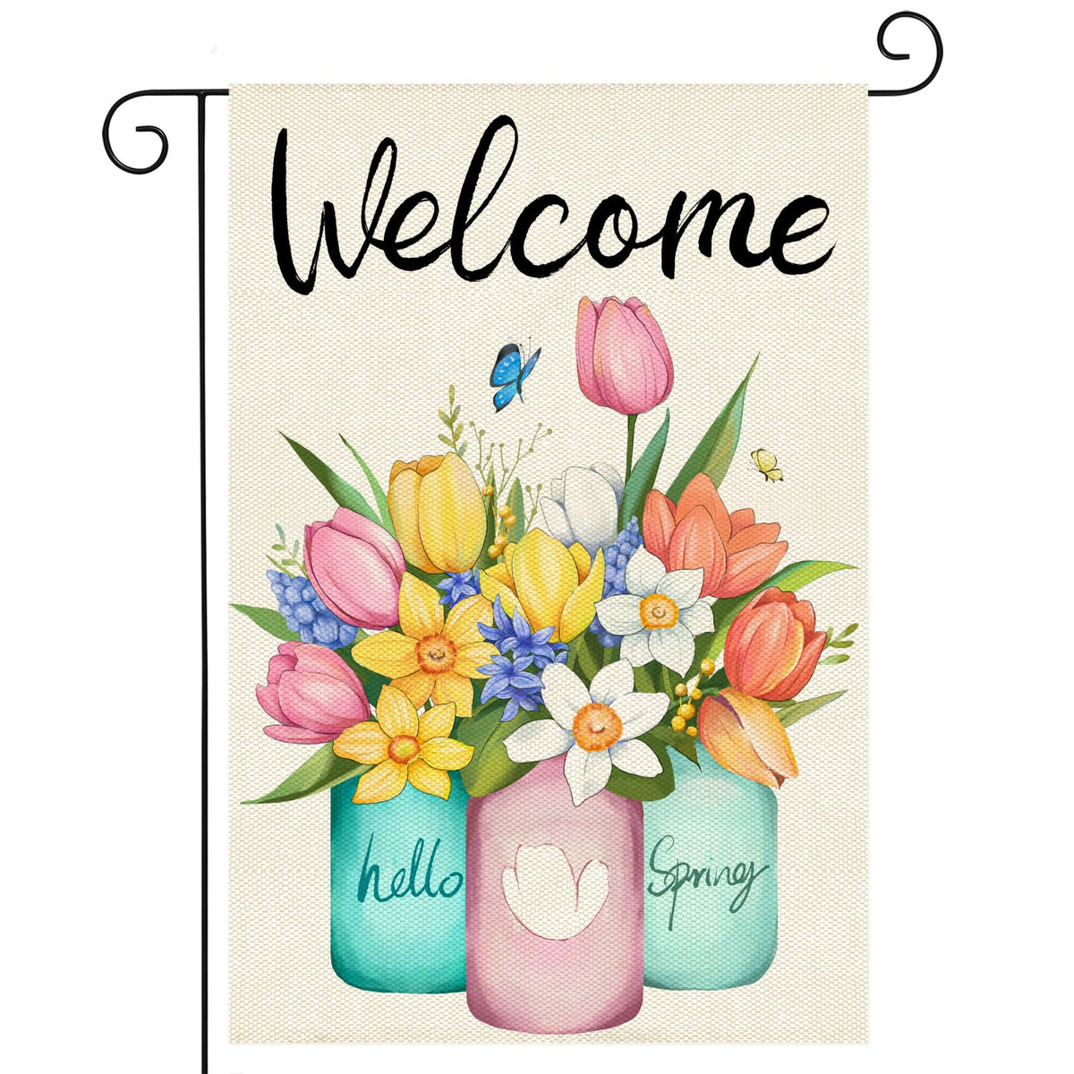 HOSCAPE Welcome Spring flag front view featuring tulips and lavender for curb appeal.