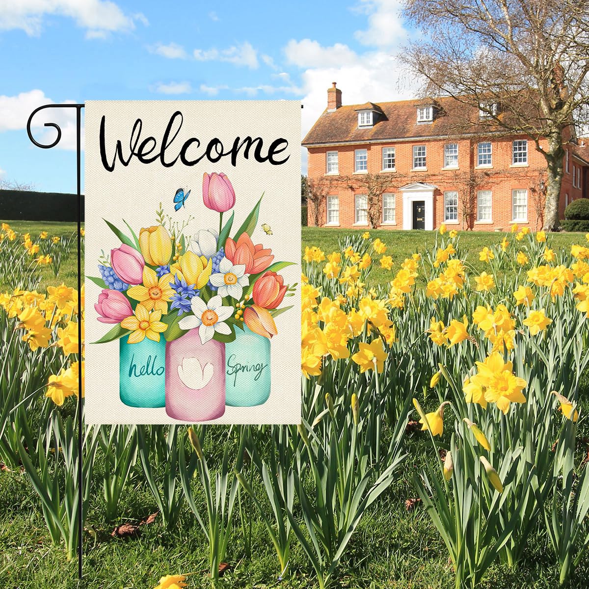 Flag displayed on a porch or garden pole by HOSCAPE Welcome Spring.