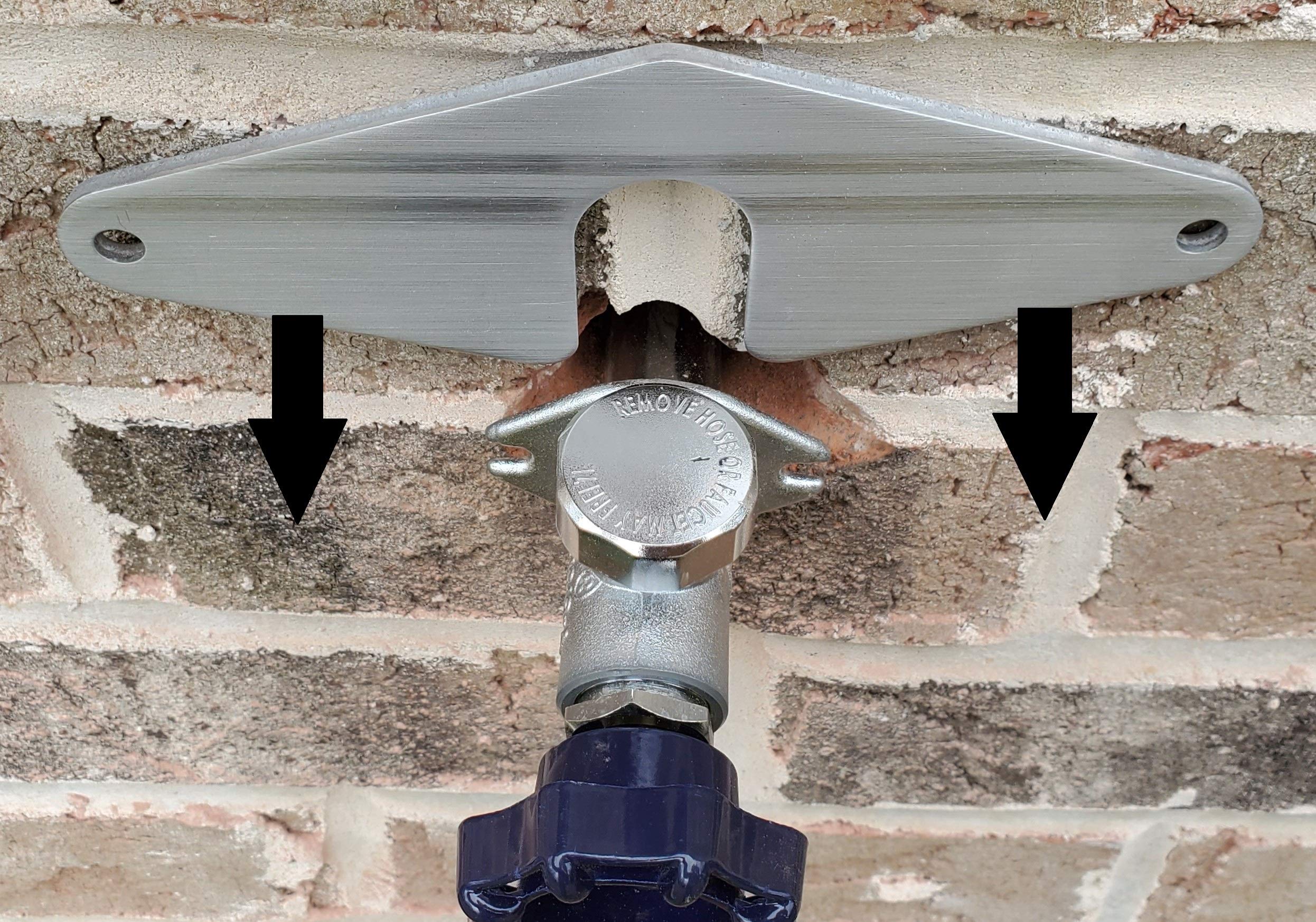 Hose Bib Buddy spigot mounting plate stabilizes outdoor faucet for secure year-round use.