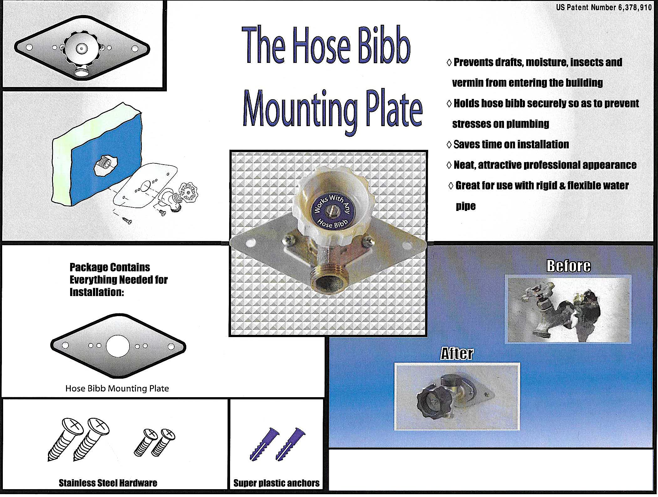 Hose Bibb Mounting Plate blocks drafts and moisture around exterior walls.