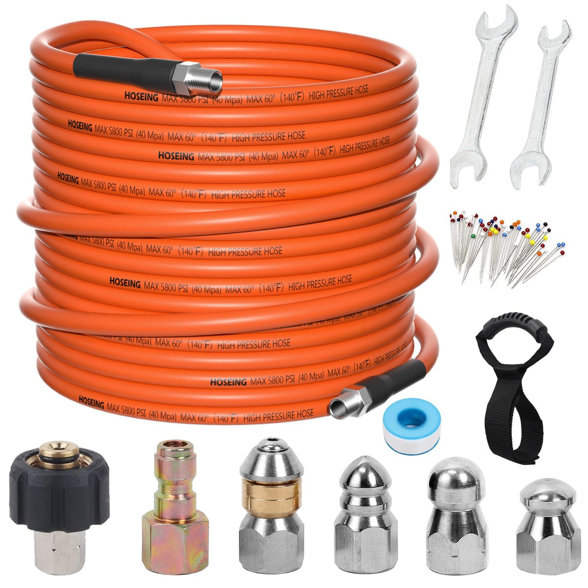 HOSEING 100ft sewer jetter hose shown with durable construction for flexible cleaning power