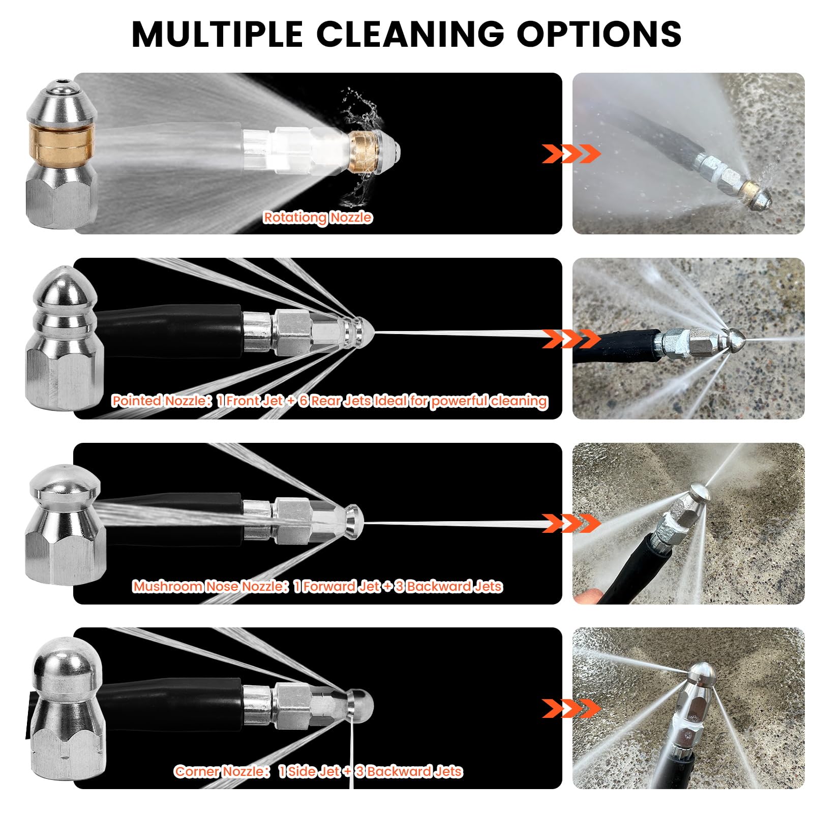 HOSEING mushroom sewer nozzle delivering front and rear sprays for debris removal