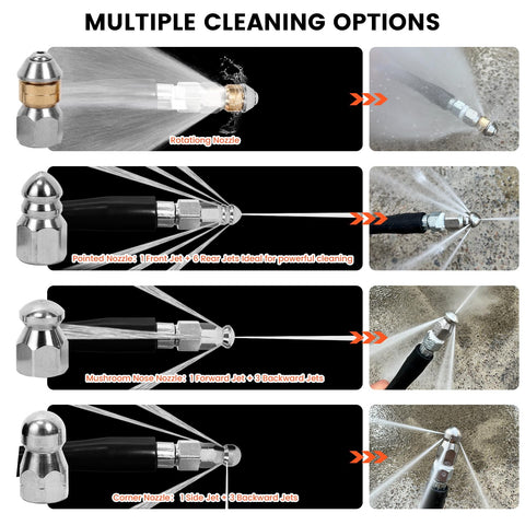 HOSEING mushroom sewer nozzle delivering front and rear sprays for debris removal
