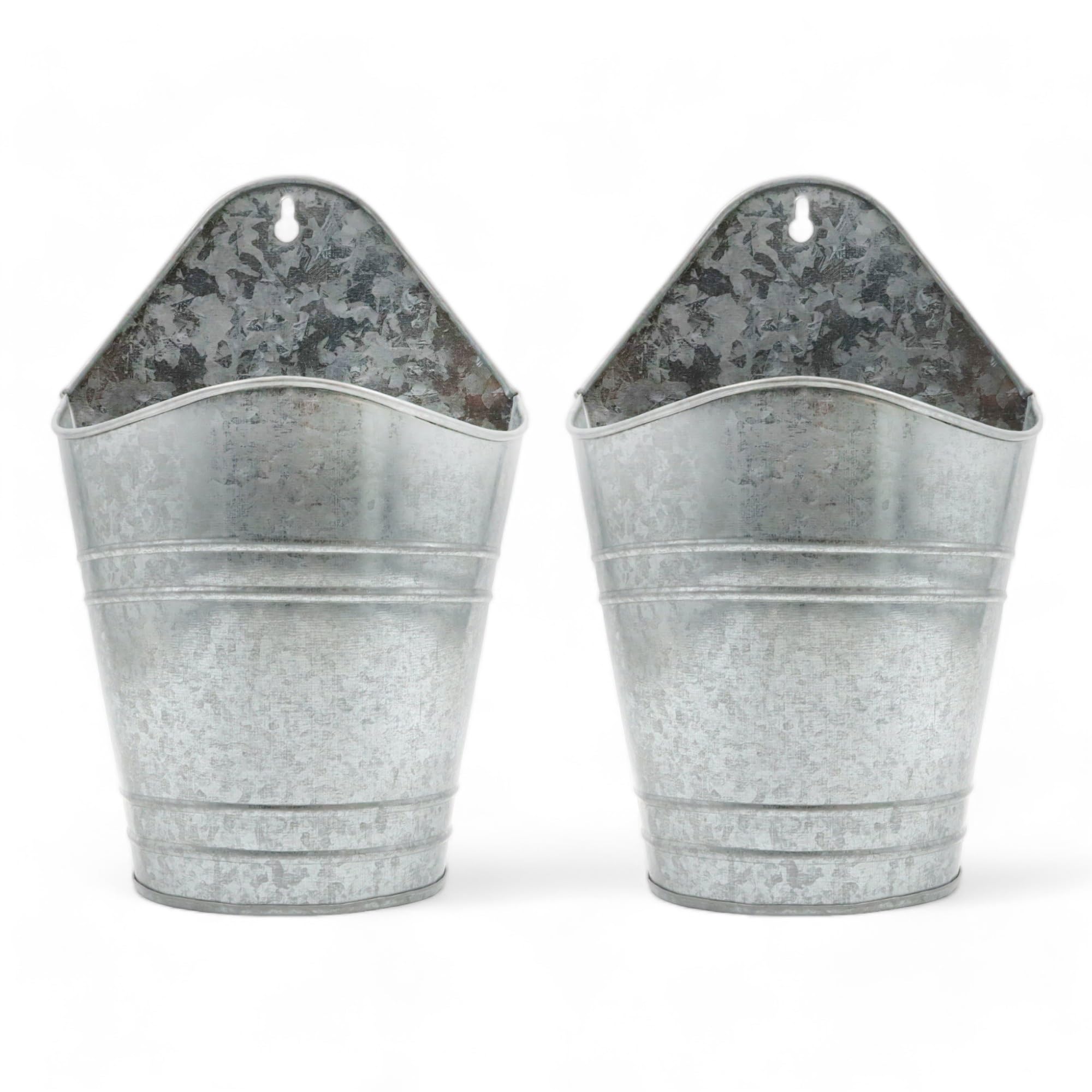 Hosley galvanized wall hanging planters in a 2-pack setup for rustic decor.