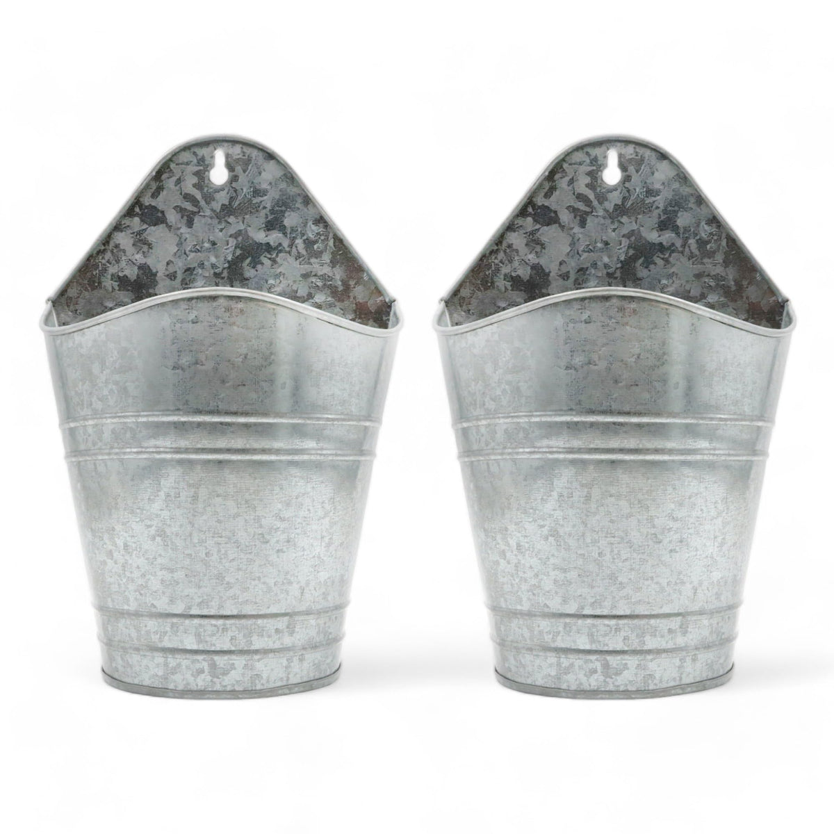 Hosley galvanized wall hanging planters in a 2-pack setup for rustic decor.