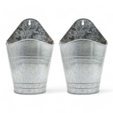 Hosley galvanized wall hanging planters in a 2-pack setup for rustic decor.