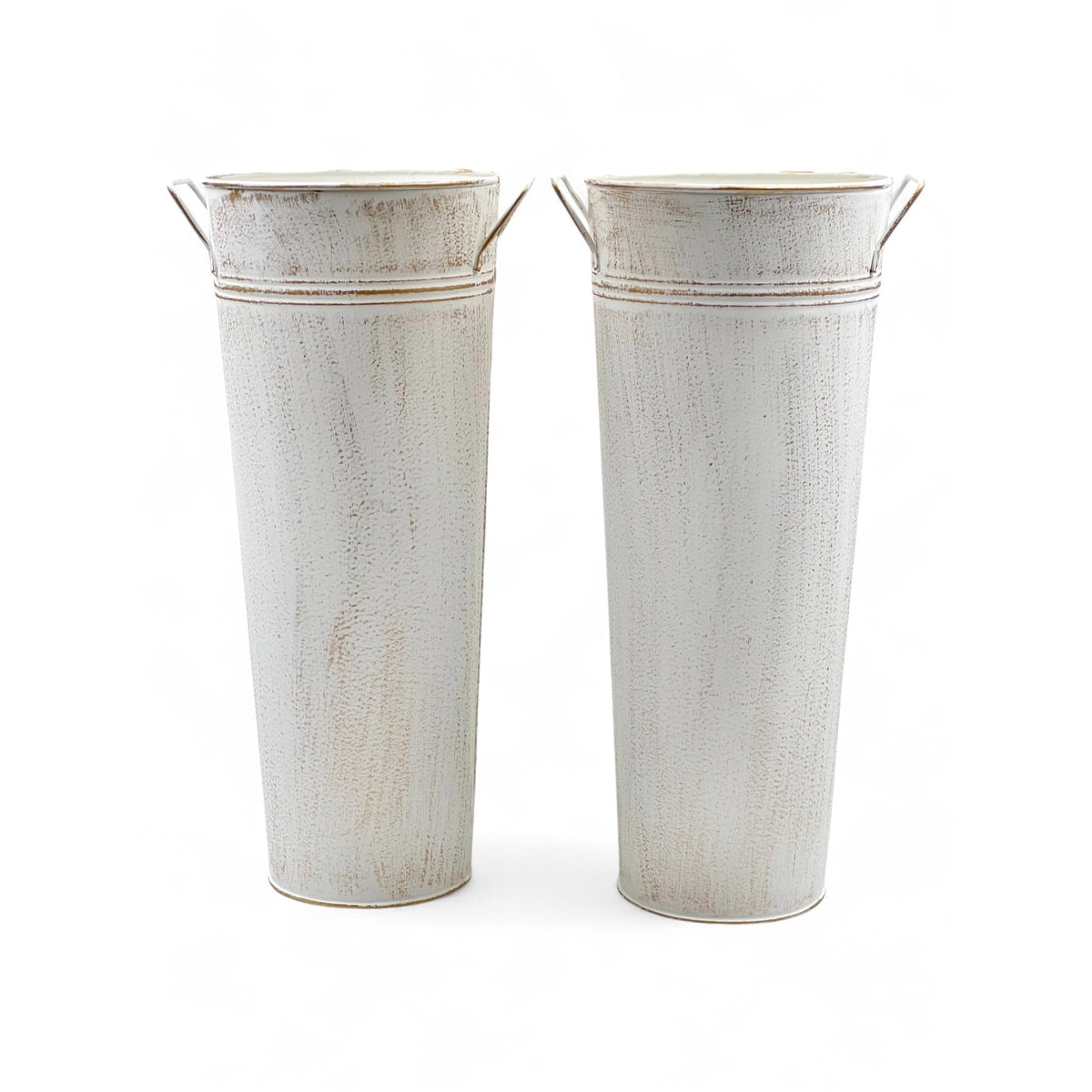 Hosley set of 2 white metal French buckets for elegant centerpieces.