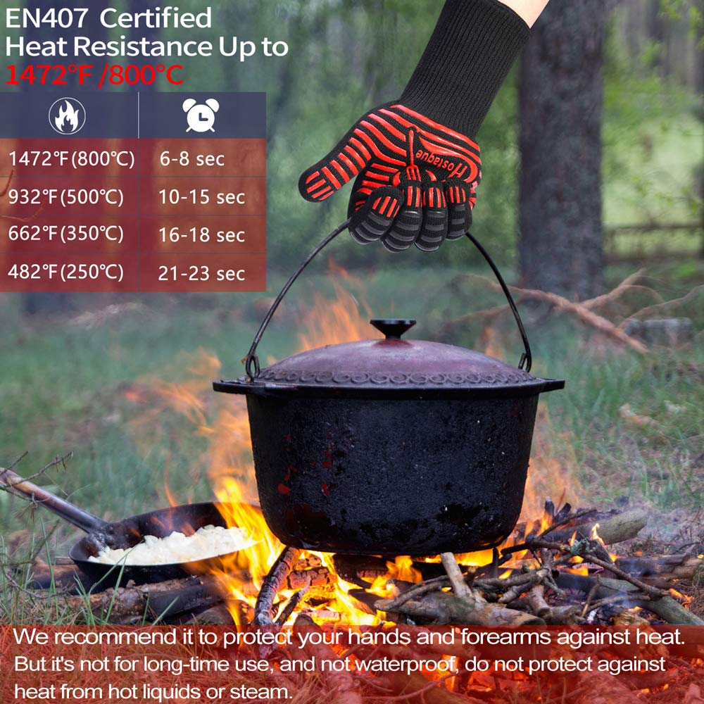 Hostaque grilling gloves provide a five point five inch sleeve for forearm protection during cooking.