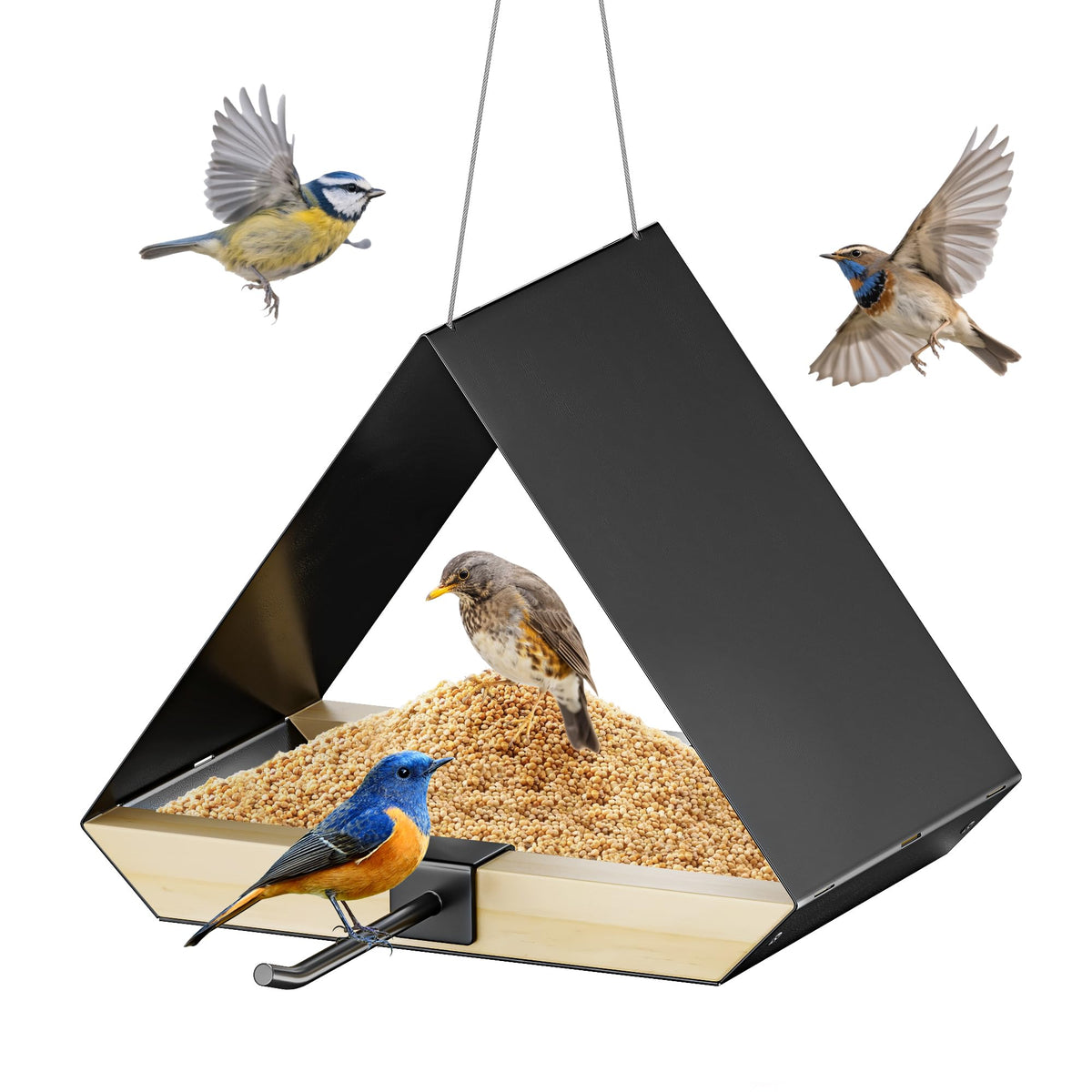 HOSUN black metal roof bird feeder showcasing durable construction for year-round backyard feeding