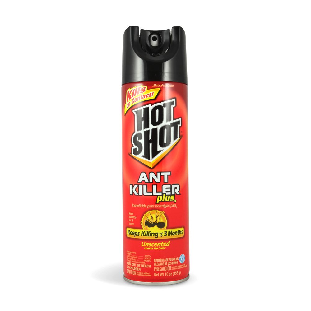 Hot Shot Ant Killer Plus aerosol unscented bottle shows fast contact kill for home pest control