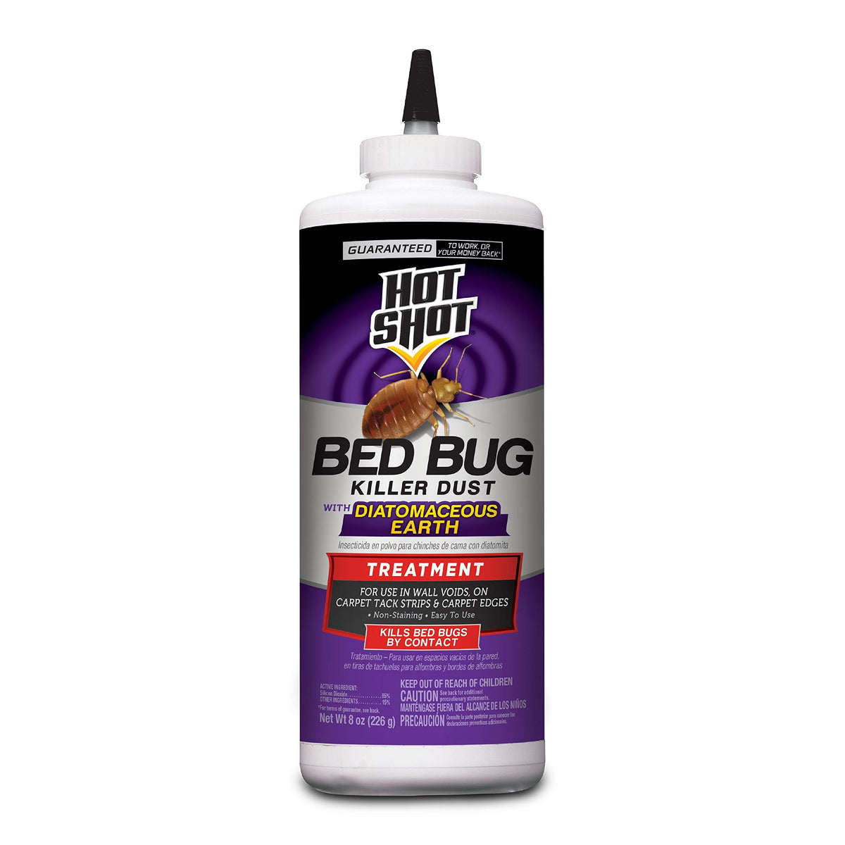 Hot Shot Bed Bug Killer Dust packaging ready for home use; compact 8 oz container.
