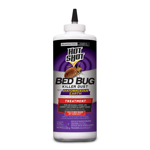 Hot Shot Bed Bug Killer Dust packaging ready for home use; compact 8 oz container.