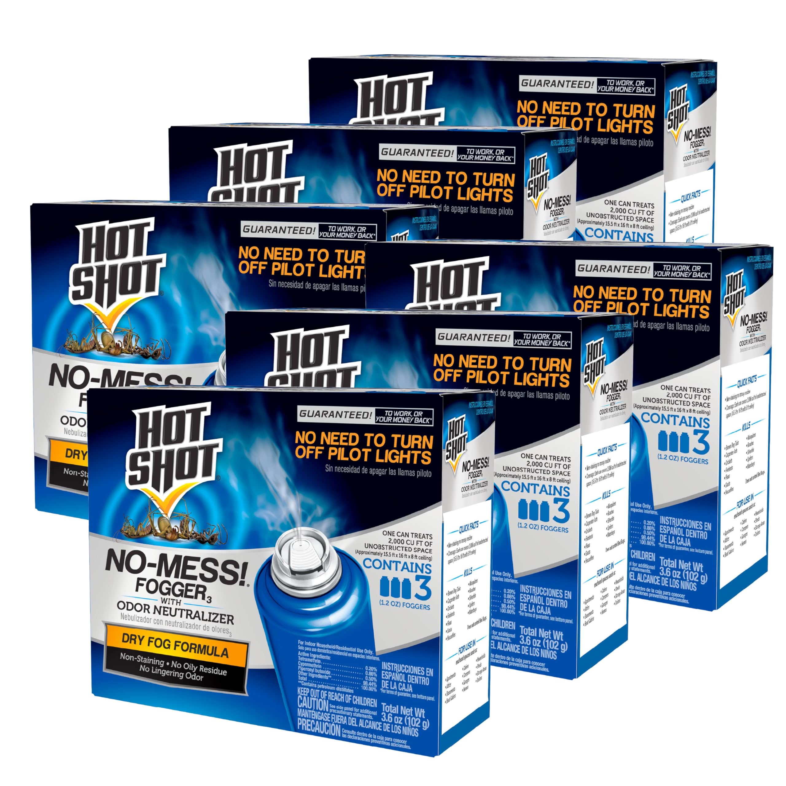 Hot Shot No-Mess Fogger odor-neutralizer cans ready for quick treatment