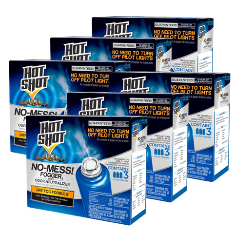 Hot Shot No-Mess Fogger odor-neutralizer cans ready for quick treatment