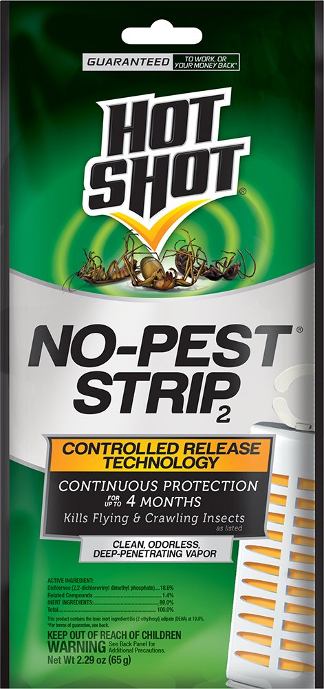 Hot Shot No-Pest Strip emits odorless vapor to deter insects in storage spaces; hang or stand.