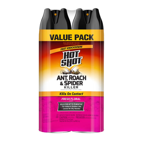 Hot Shot twin-pack front label, ready-to-use pest solution for homes.