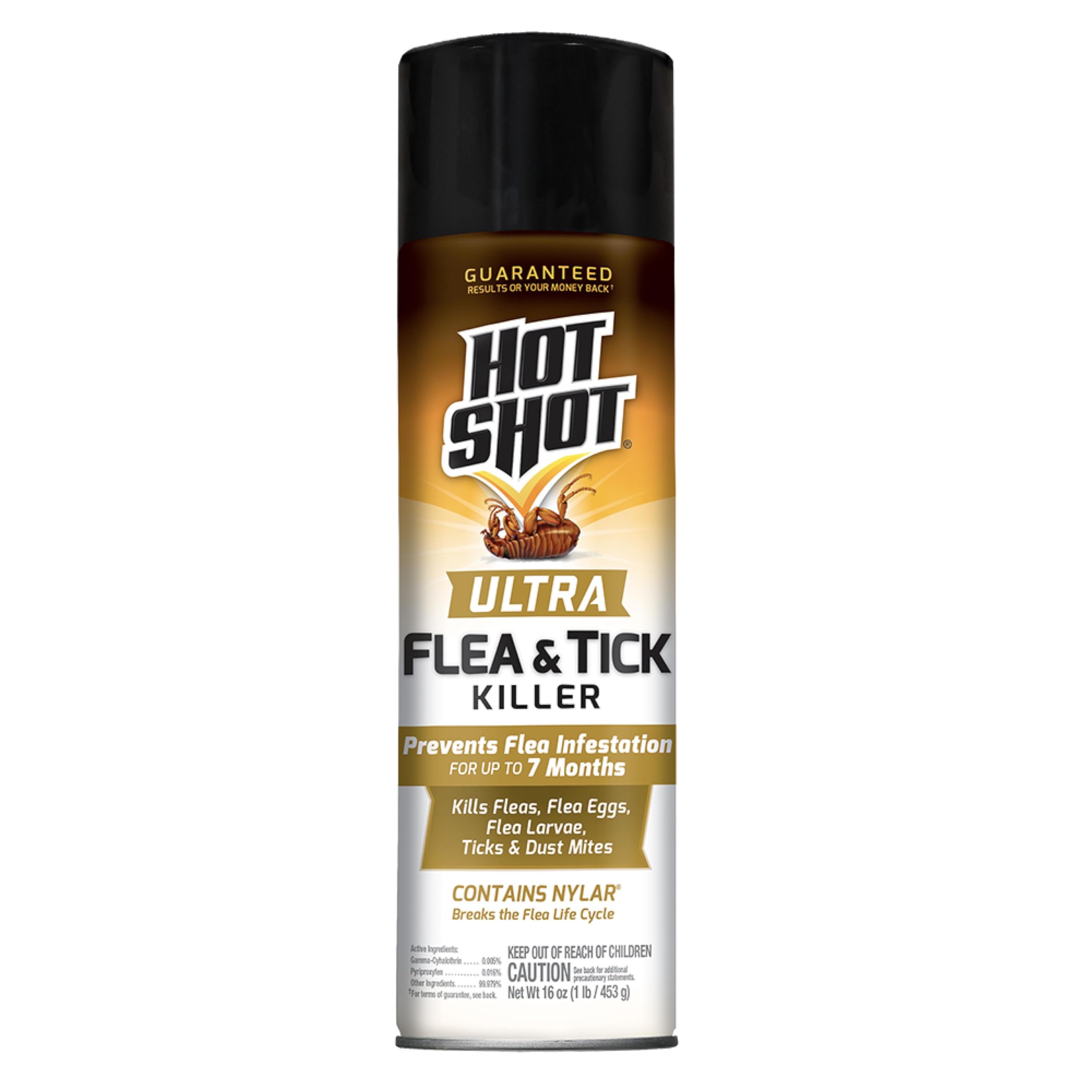 Hot Shot Ultra Flea & Tick Killer aerosol bottle ready for fast pest control on fabrics