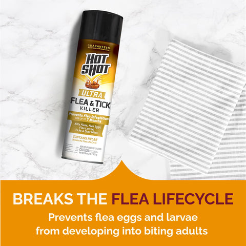Hot Shot Ultra Flea & Tick Killer disperses a non-staining mist with minimal odor