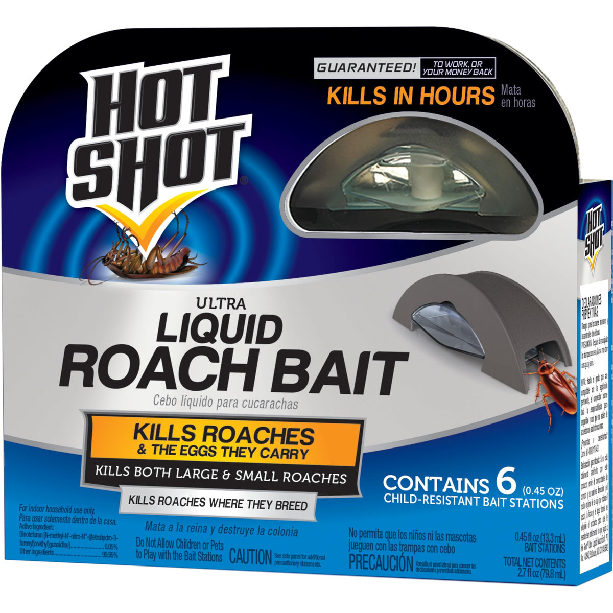 Hot Shot Ultra Liquid Roach Bait pack front shows ready-to-use bait for quick control