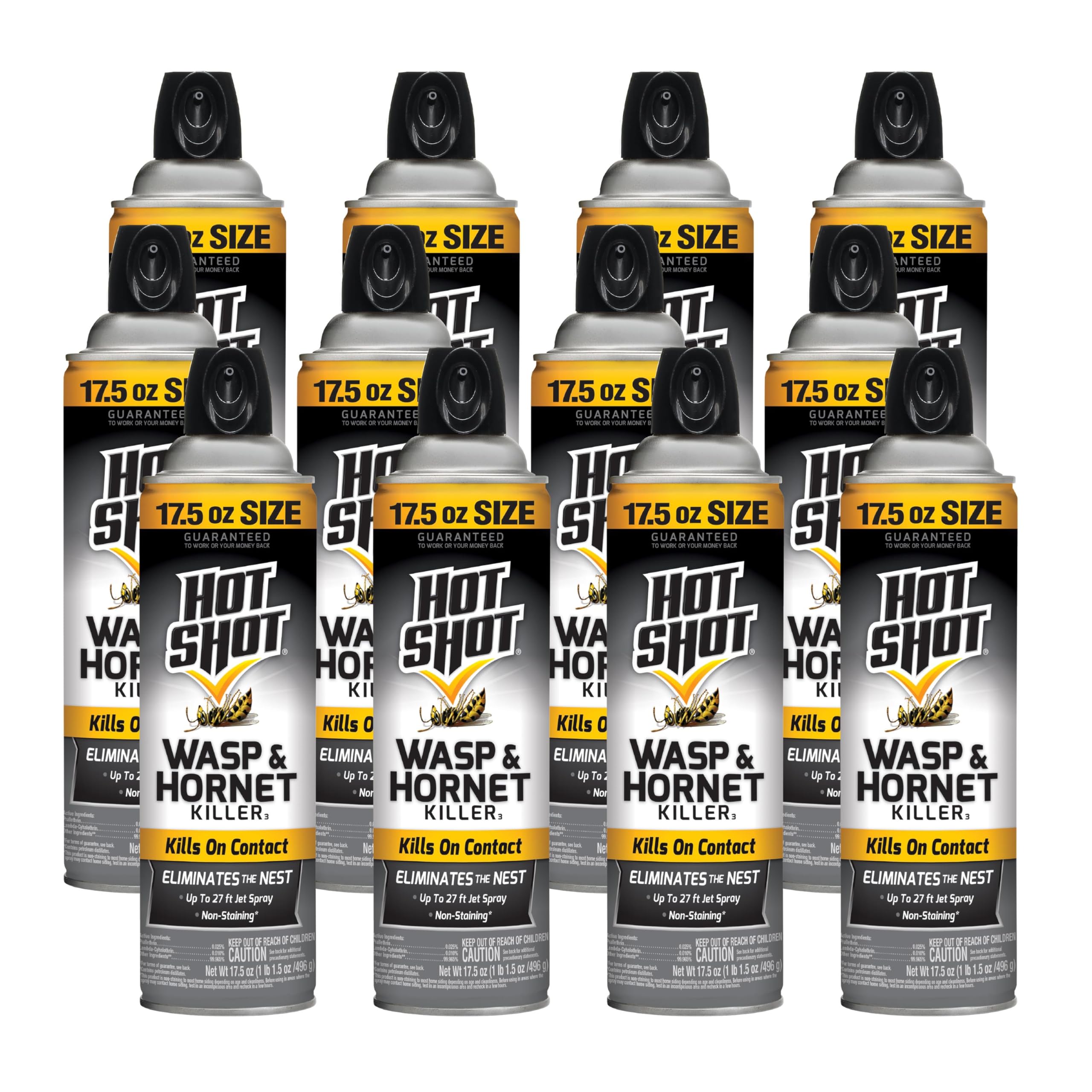 Hot Shot Wasp & Hornet Killer delivers 27-foot jet spray for safe outdoor targeting.