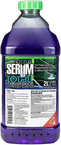 Hot Tub Serum bottle and 2-liter container ready for weekly dosing to simplify maintenance.