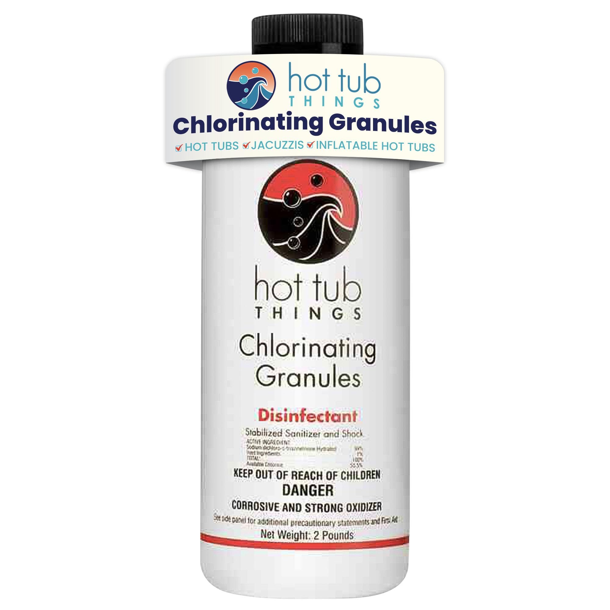 Hot Tub Things chlorine granules bottle for quick spa sanitation