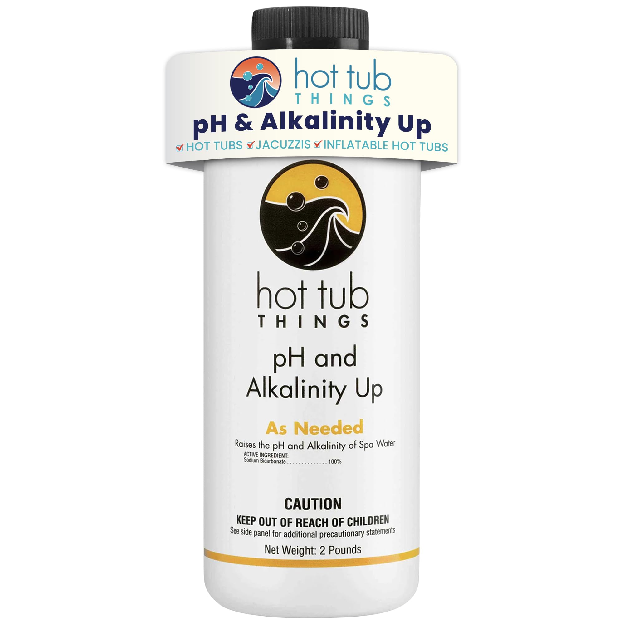 Hot Tub Things pH Up bottle pour demonstrates easy dosing for balanced spa water.