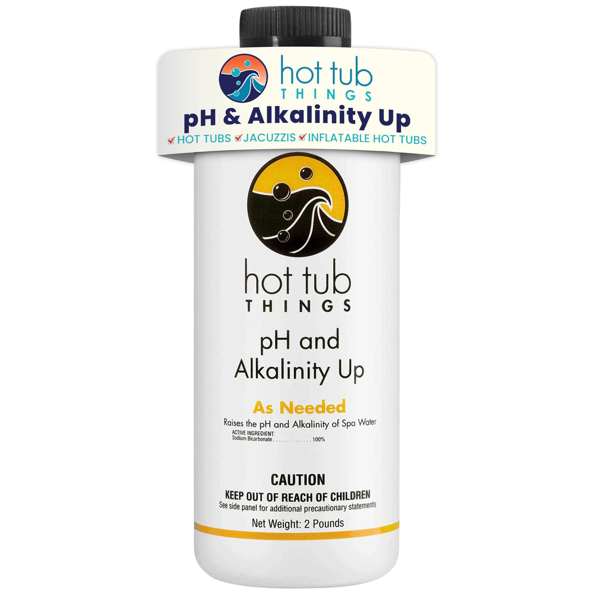 Hot Tub Things pH Up bottle pour demonstrates easy dosing for balanced spa water.