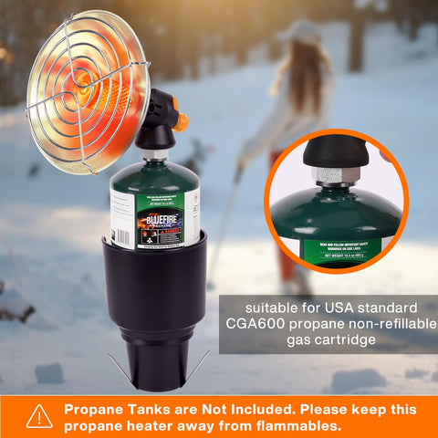 Hotdevil heater works with 1 lb propane tanks; cylinder not included