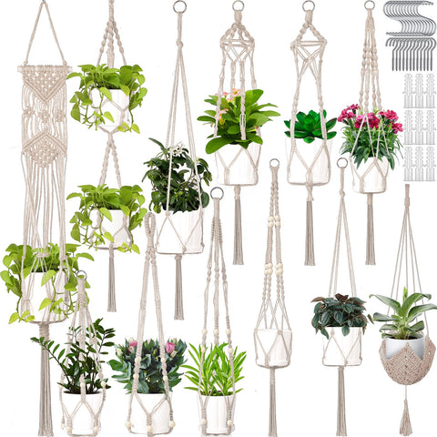 Hoteam 12-pcs macrame plant hangers pack for indoor and outdoor decor.