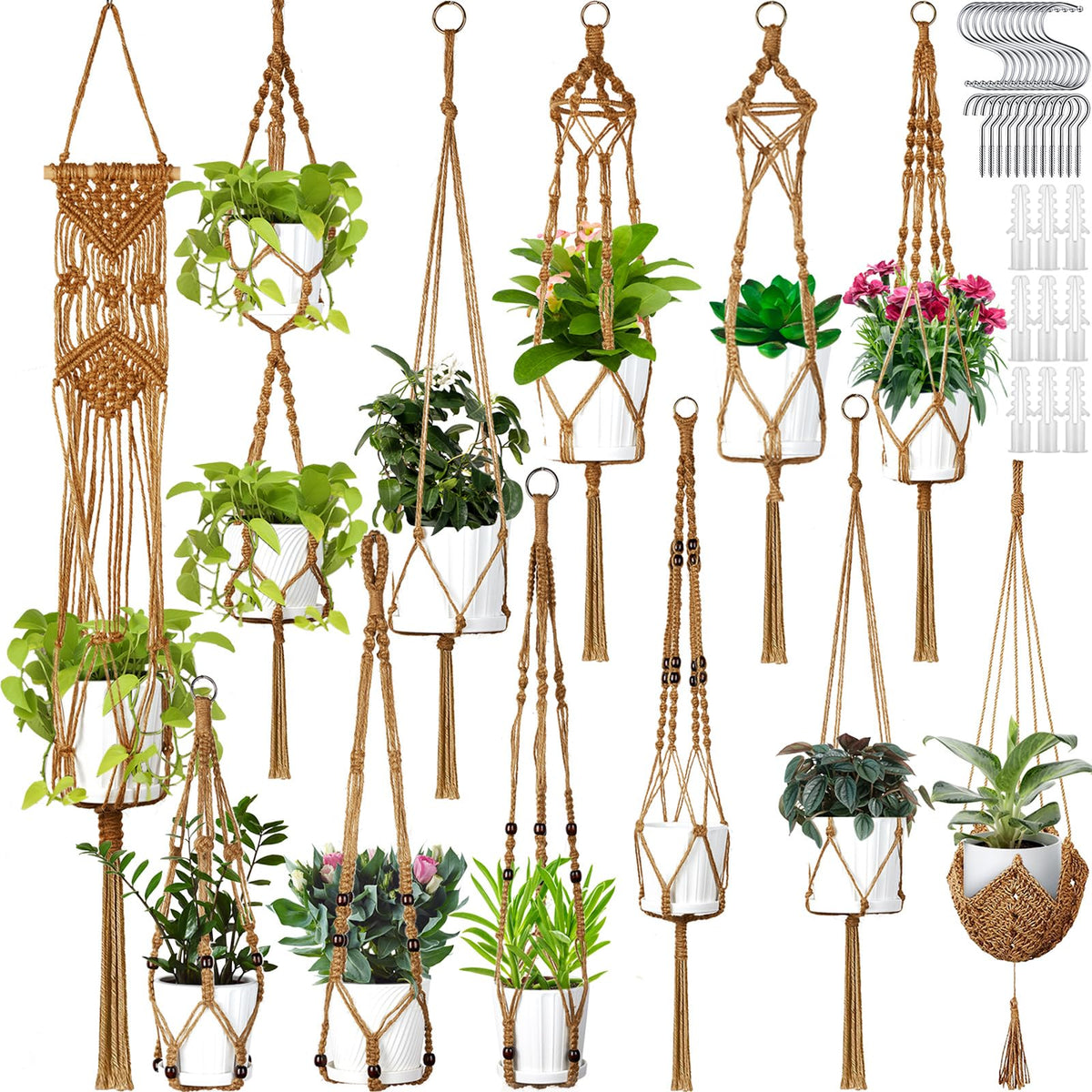 Hoteam 12-piece macrame plant hangers for stylish indoor display.