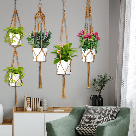 Hoteam macrame planter in living room scene showcases rustic warmth.